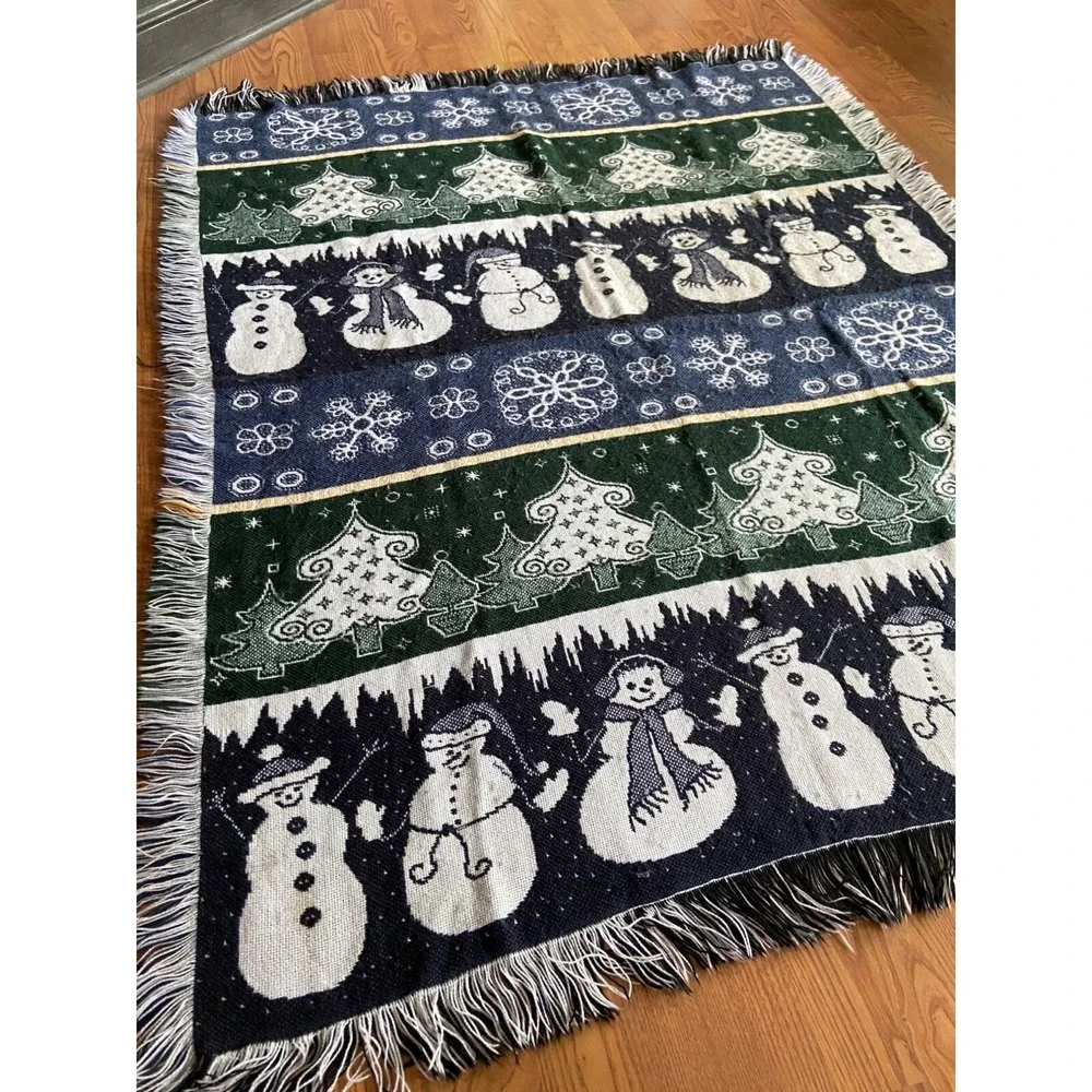 Woven Christmas Throw Blanket Snowman Tree Pattern Blue Green Fringe Winter Holi
